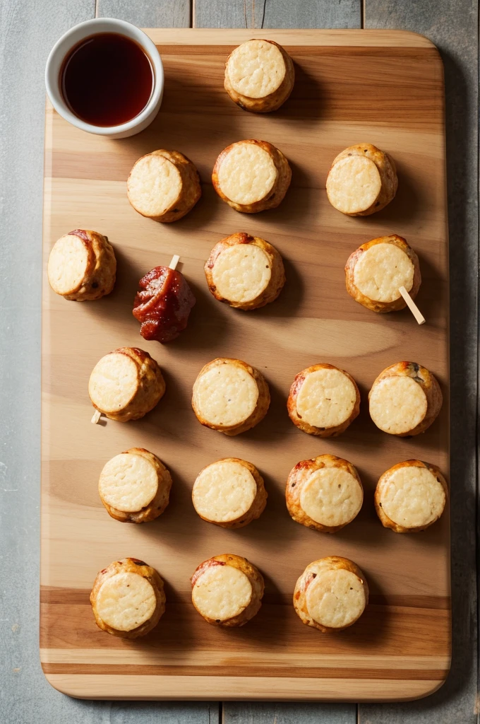 A wooden board with mini drumsticks and sausage patties on top.