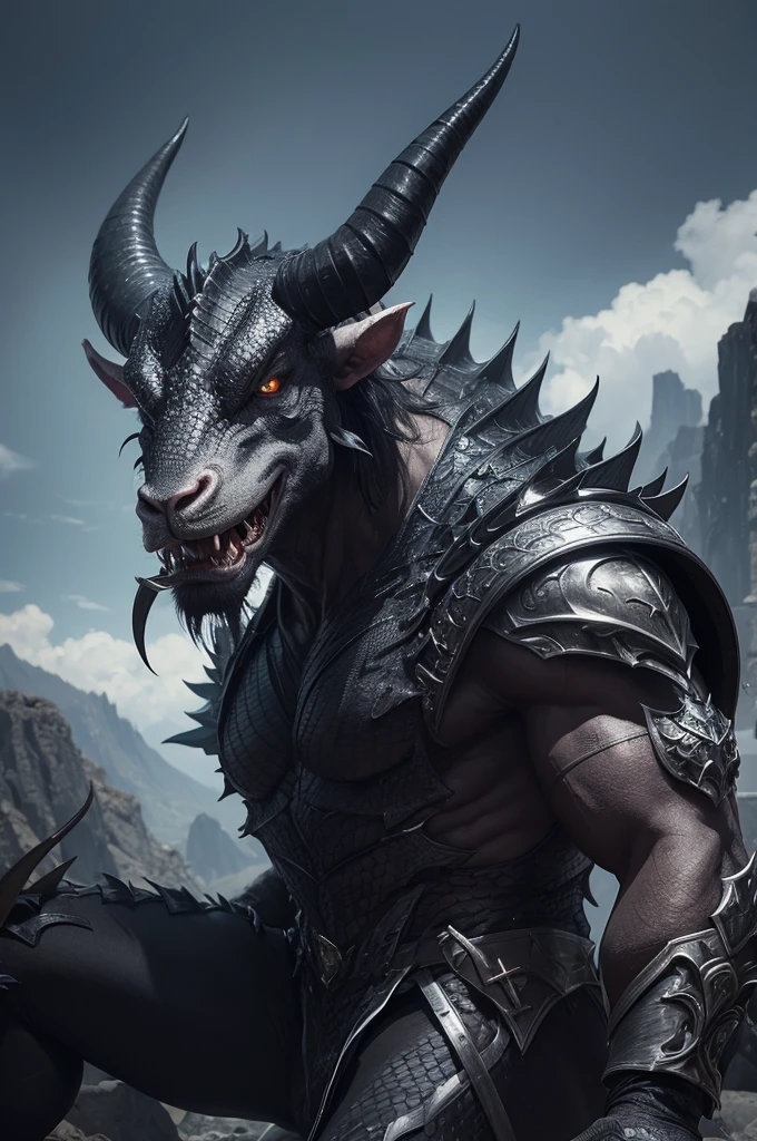 a wild and realistic dragon called Sheepstealer, he has a deformed face, contorted horns, silver scales mixed with black, he is big and ugly