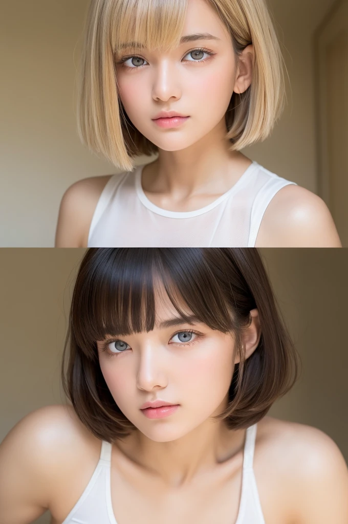 Beautiful and fair、Glowing Skin, 3 Up, nice, bright, Refreshing and gentle look, Perfect beautiful face、Beautiful shiny bangs, Very beautiful 17 year old girl, eyeliner, Very perfect eyes,Very large breasts,The original skin is visible through the grooveuscular body,Light Khaki Yoga Wear,Upper Body,Blonde Short Hair