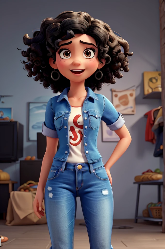 Funnily film character, disney pixar style,3d,with black hair, curly black eyes ,jeans passionate expression, brunette skin