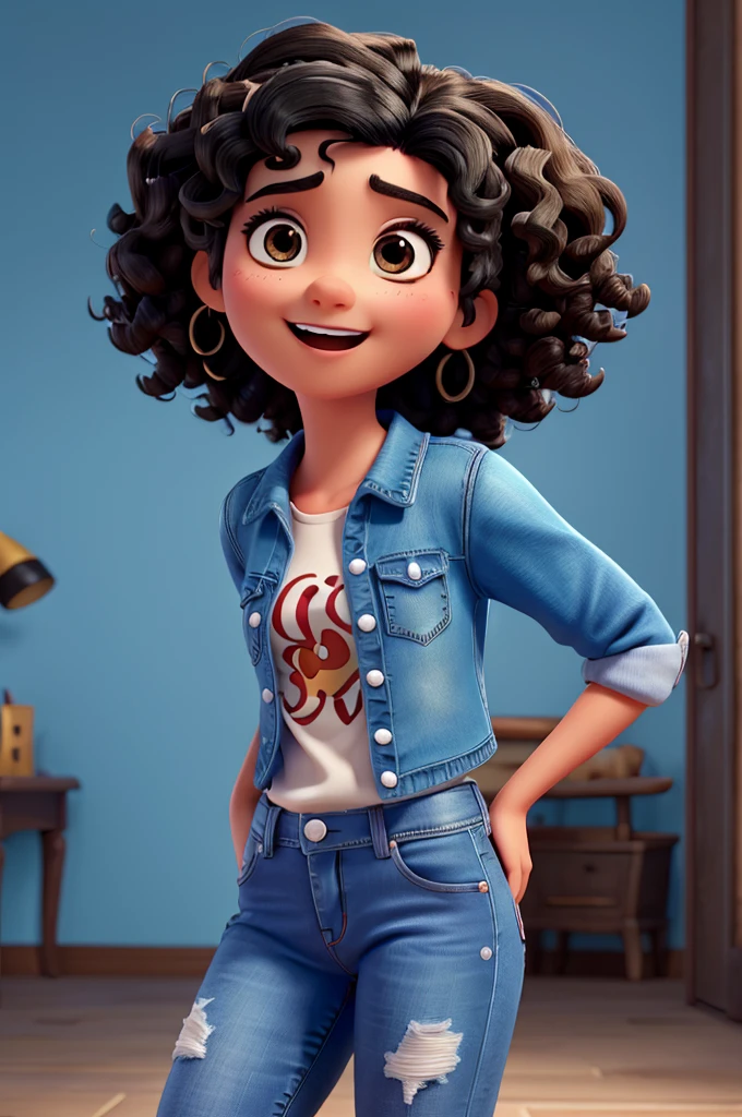 Funnily film character, disney pixar style,3d,with black hair, curly black eyes ,jeans passionate expression, brunette skin