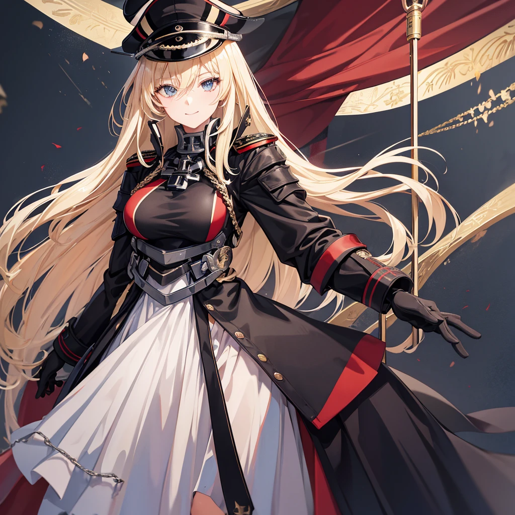 A woman wearing a black military uniform with red details, gold chains on the military uniform, German military aesthetic, golden military shoulder pads, black leather boots, black military hat with details, iron cross on the hat, large breasts, long black fur cape with red details, white gloves, ( Azur lane) holding an iron bar with the white flag with the iron cross, standing on a stone platform overlooking the sea, blonde hair, long hair, eyes blue, smiling,UHD, masterpiece, accurate, anatomically correct, textured skin, super detail, high quality, best quality, 8k, high resolution, bokeh effect. ( solo woman),
