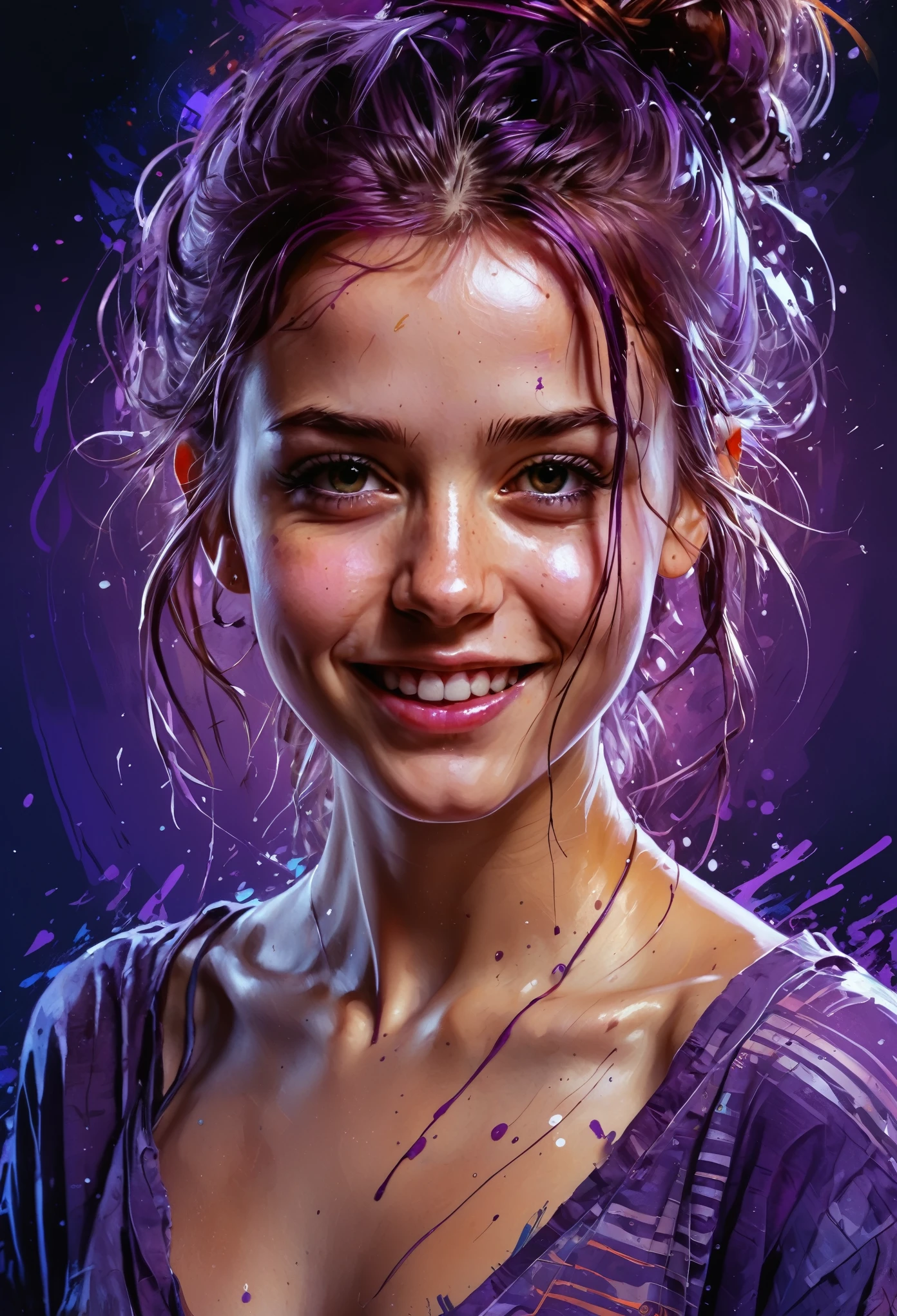a happy girl, centered, looking at camera, near perfection, dynamic, purple tones, highly detailed, digital painting, art station, concept art, smooth, sharp focus, illustration, artwork by carne griffiths and wadim kashin, extremely detailed face, 4k
