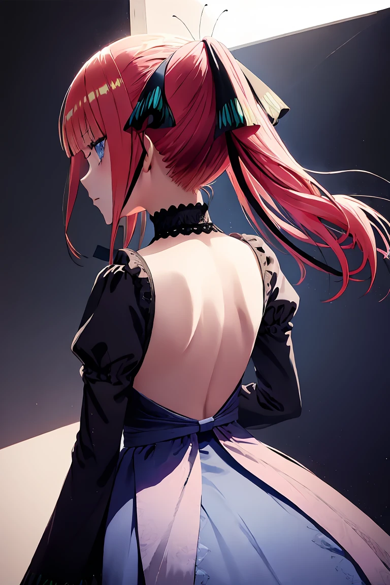 light particles, soft lighting, volumetric lighting, intricate details, finely detailed,
1girl, solo, nino nakano, hair ribbons,
pink red hair long hair, high ponytail,
blue eyes, long eyelashes, thick eyelashes, looking at viewer,
indigo dress, deep blue dress, ornate dress, backless dress, puffy sleeves, juliet sleeves, (long sleeves:1.2), bow,
black background, simple background, from behind,