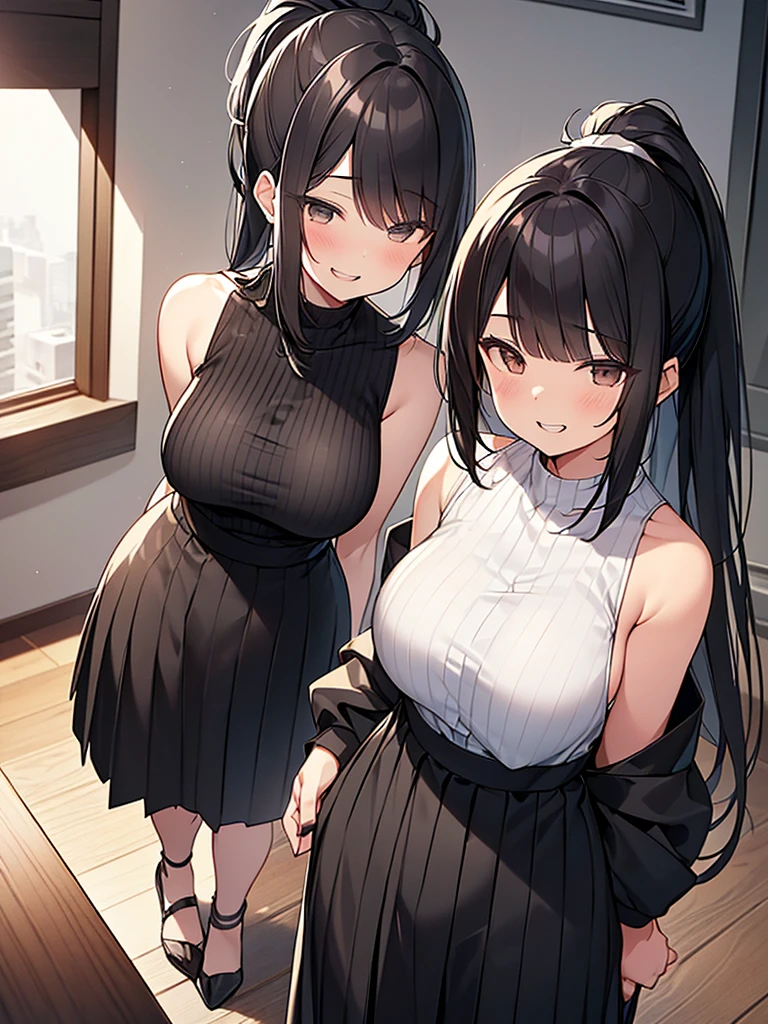 Full body view of the young wife, former student council president, one adult woman (Black vertical striped sleeveless shirt and long skirt), (Morning Apartment Room Sexy)、 (Breakfast, have a nice day, a toothy smile), (Black hair, medium length, ponytail, straight hair, bangs swept to the side:1.9 Slanted eyes Brown eyes Tall Big breasts Strong Beautiful Cute) 