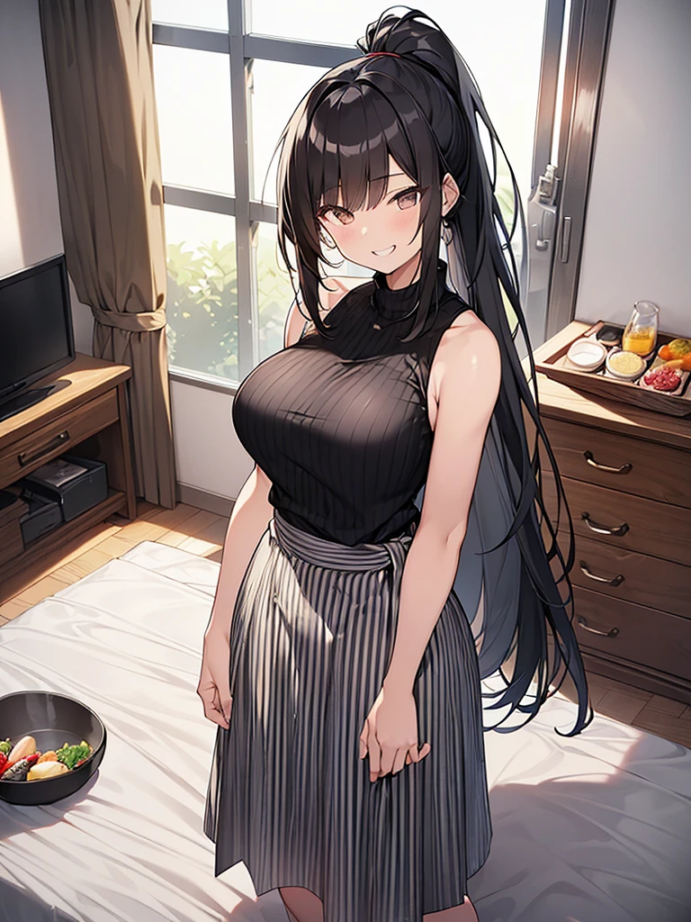 Full body view of the young wife, former student council president, one adult woman (Black vertical striped sleeveless shirt and long skirt), (Morning Apartment Room Sexy)、 (Breakfast, have a nice day, a toothy smile), (Black hair, medium length, ponytail, straight hair, bangs swept to the side:1.9 Slanted eyes Brown eyes Tall Big breasts Strong Beautiful Cute) 