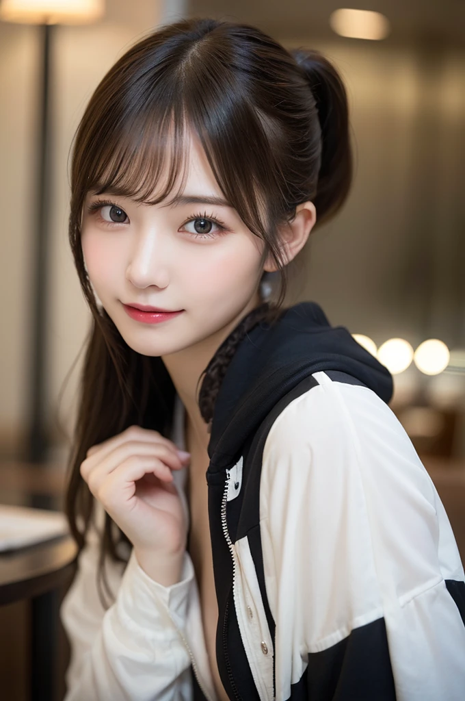 Tabletop, Highest quality, shape, Very detailed, finely, High resolution, 8k wallpaper, 完璧なダイナミックな構shape, Beautiful and exquisite, Down jacket,ponytail,Small breasts, natural color, lips, Bold sexy pose,smile、20-year-old girl、cute、sexy shot looking at camera,RAW Photos,Perfect and beautiful face,Beautiful and elaborate face、Using your whole body、Striking a pose that expresses happiness..。