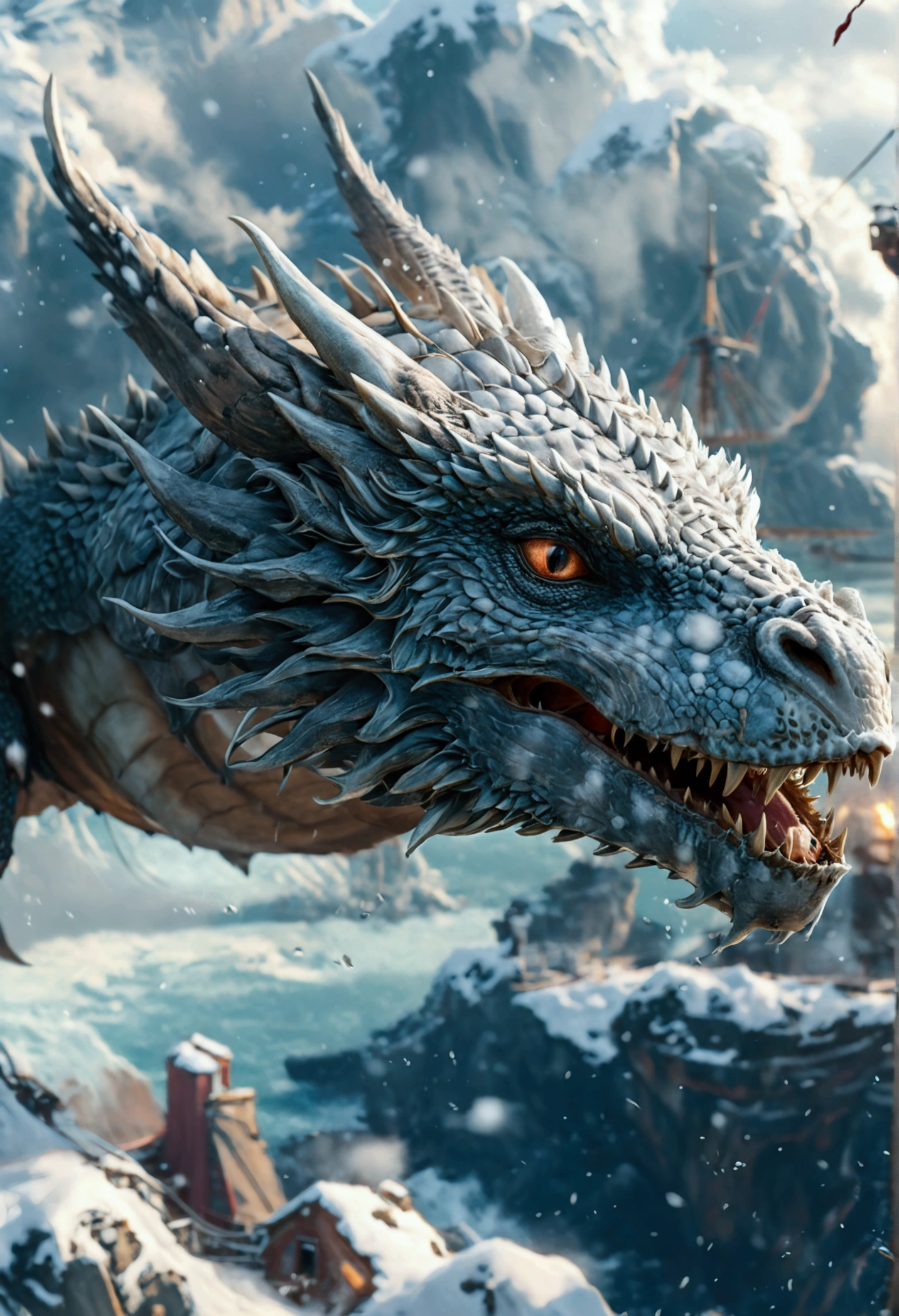 Ancient white dragon, house of the dragon style, got, fierce, flying over a ship on the ocean, cold, snow, 4k, fantasy art, beatiful