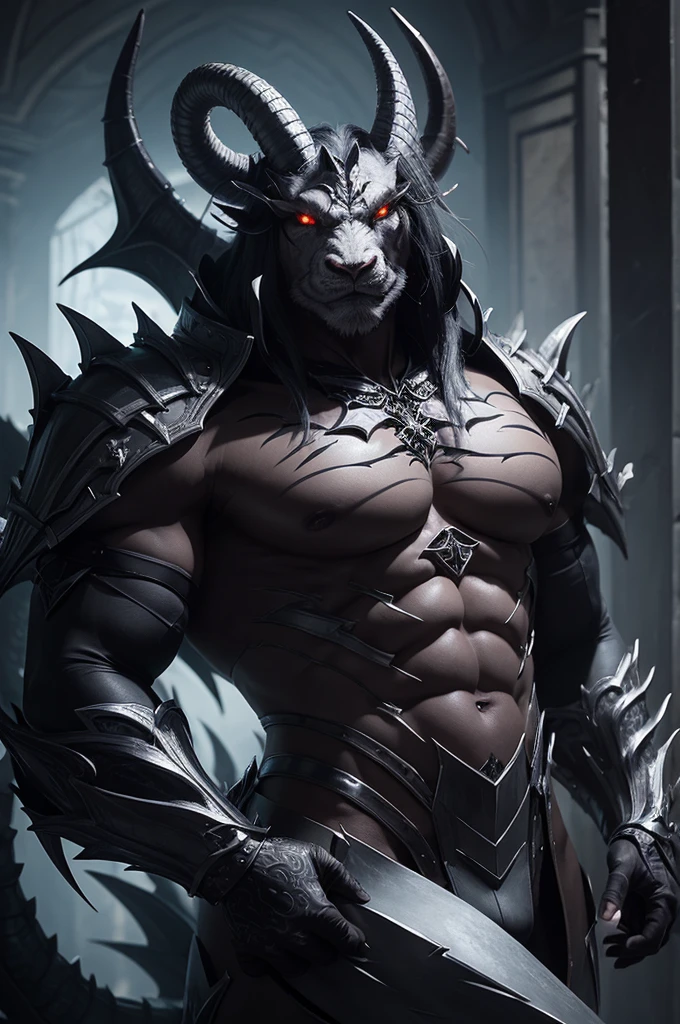 wild dragon called Sheepstealer, he has a deformed face, contorted horns, silver scales mixed with black, he is big and ugly