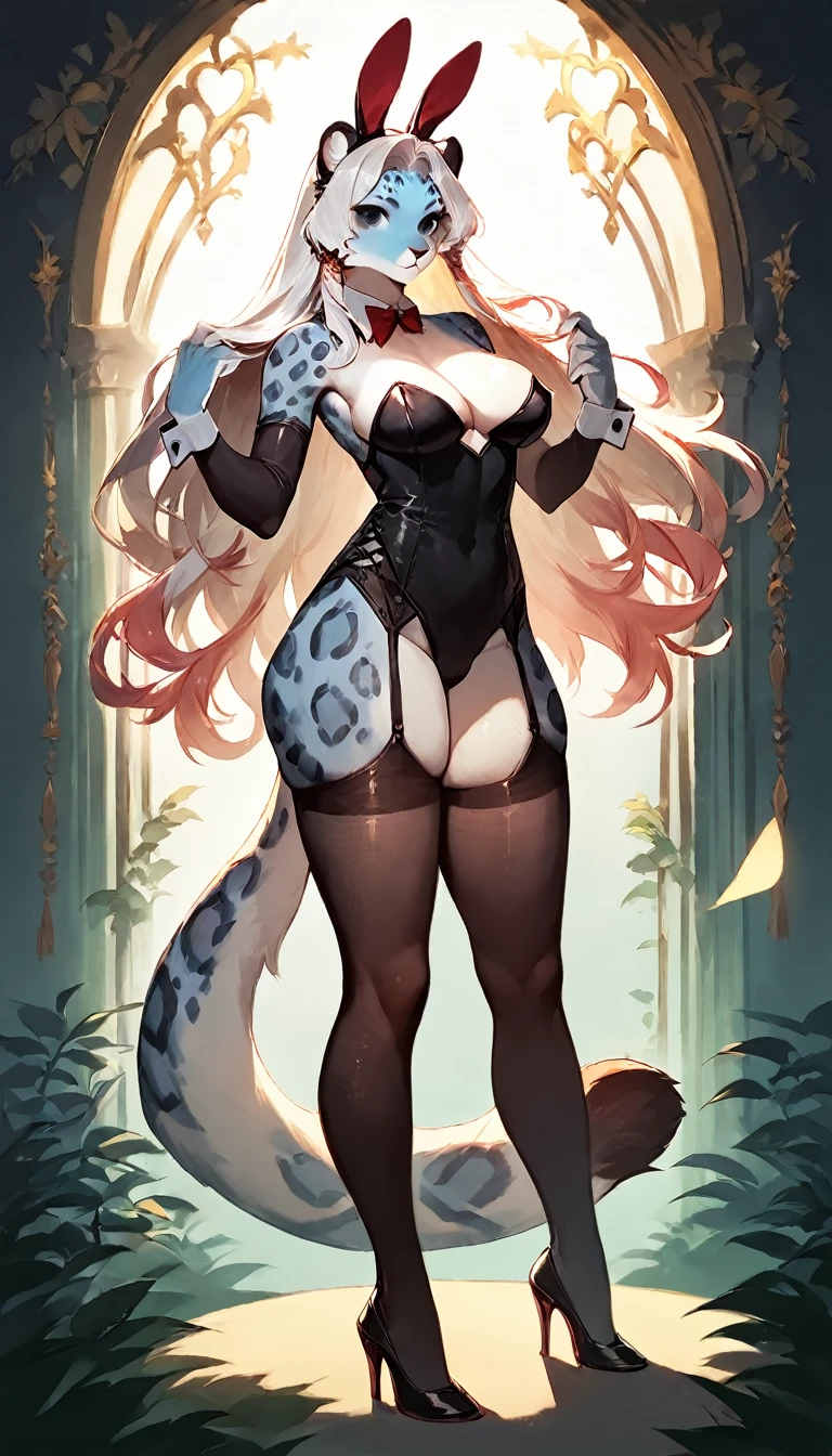 score_9, score_8_up, score_7_up, score_6_up, score_5_up, score_4_up, (solo), female anthro snow leopard,  bunny girl clothes, lusty, fluffy body, long blond hair, black eyes, (thick thighs:1.4) ( offering the breasts) ( she is standing)  (barely_visible_booba) , midium breasts, garter belt tights, hig heels