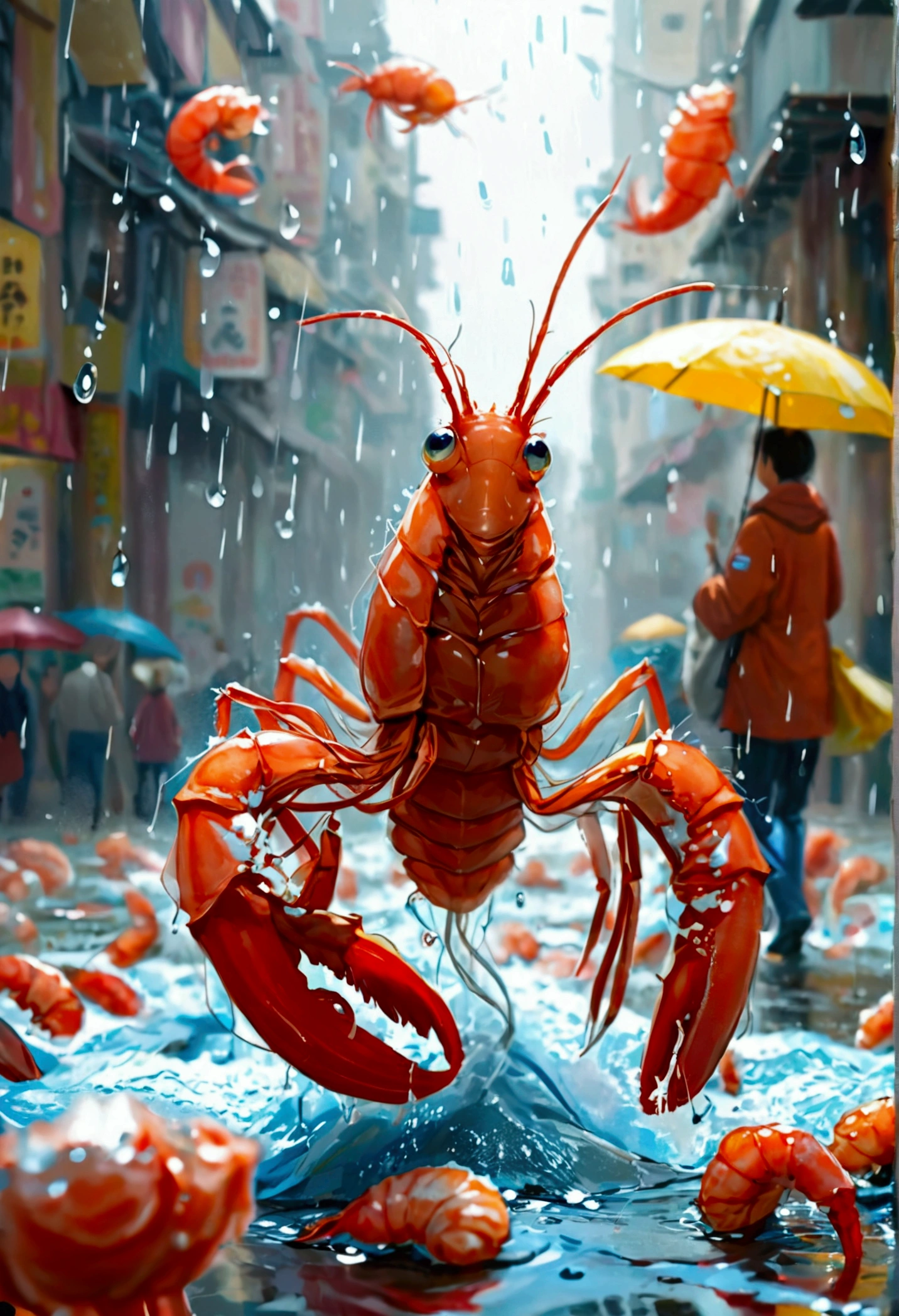 Create an illustration that meets the following criteria: - Shrimp are falling from the sky -On the ground, people are walking around with nets to protect against shrimp instead of umbrellas. - A heavy rain warning has been issued, but a large shrimp warning has been issued.