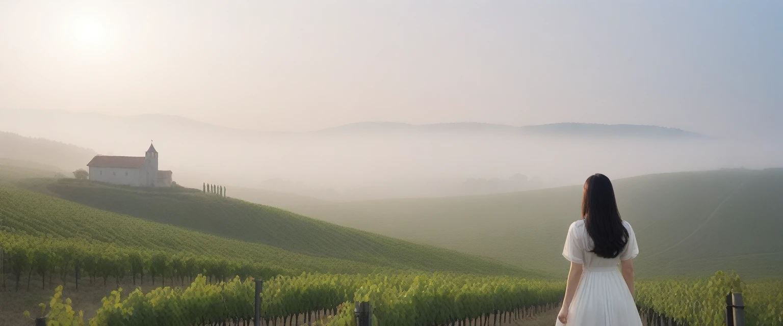 8k best picture quality, Beautiful 36-year-old Korean woman, Chest size 34 inches, The cathedral can be seen through the early morning fog past the vineyards in the Croatian countryside., The back background is realistic and vivid image quality, medium hair, Casual and British - (Beige short-sleeved windbreaker for summer) ,Perfect and realistic photos, The background is realistic. Full body shot with Canon camera 16-35 wide angle lens, expressionless, Standing on a vineyard hill covered in thick fog
