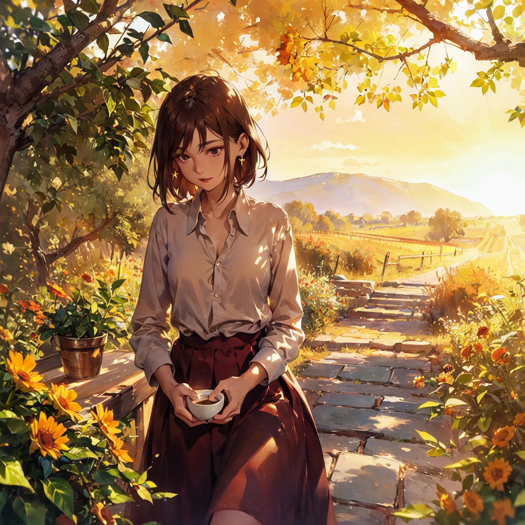 Exquisite (slim) a thin, tender girl of with a perfect gentle face of the southern type (with short dark burgundy hair) with freckles (with ruby earring) in the rays of the rising sun, naked with tender bare breasts with pink swollen nipples ((barefoot)) ((in an unbuttoned open burgundy shirt over a naked body and in small burgundy panties)) (on the veranda in the garden) Drinks ((coffee)) and looks at the flowers, in watercolor style, discreet light shades, Flares, (imitation of film photography), against the sun, a lot of sun glare, light fills the frame, olive and grape groves, strong wind, Brick Road, high image quality, Maximum detail, sunset lighting, Warm evening shades, (warm golden and olive sunset light), big space eyes, olive and grape groves, Brick Road, ((чашки с coffee и coffeeйники у домика)), (brick house), (coffee)