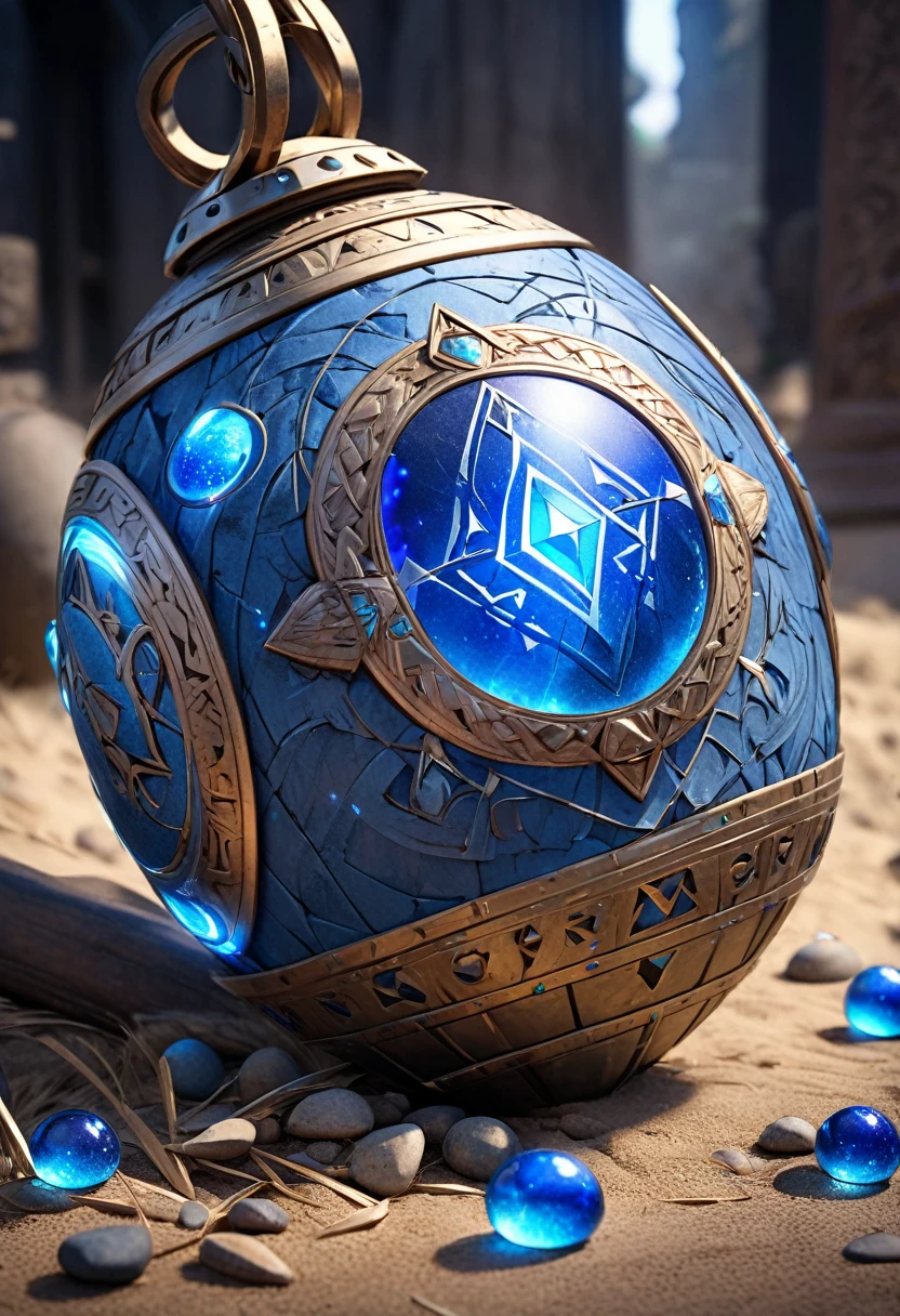masterpiece, 8k, best quality, highly detailed, a stone grenade covered with blue psychic runes