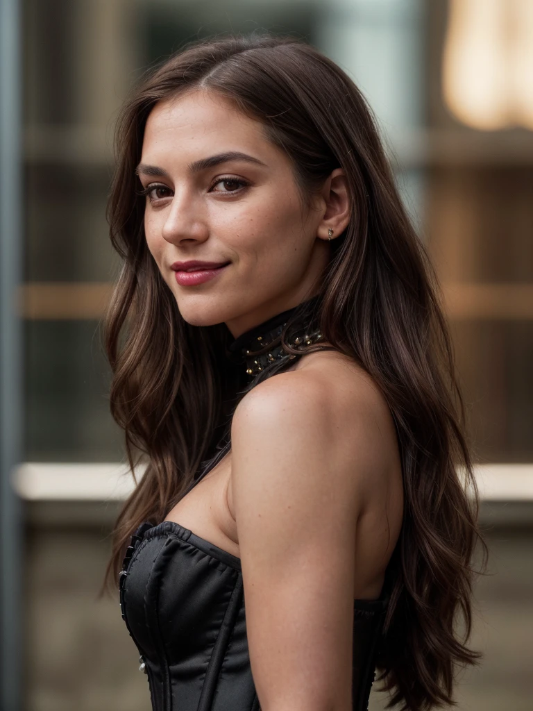 Full face portrait photo of 25 year old European girl, RAW, beautiful woman, semi-open strawberry lip, dimples, wistful expression, (brown hair with extra long wavy), ((detailed face)), ((detailed facial features)), (fine detailed skin), pale skin, cyberpunk megacity environment, (cool color), moist, damp, reflection, (masterpiece(Detailed details) shot with Canon EOS R5 (Realistic Photos) (Realistic Photos) (Detail) 50mm Lens, f/2.8, HDR, (8k) (Wallpaper) (Cinematic Lighting) (Dramatic Lighting) (Sharp Focus) (Complex), RAW Photography, RAW Photography, Gigachado Photography, Camera Pose, Back Arm, 8K UHD, DSLR, High Quality, Grain Film, Fujifilm XT3, Film Stock Photo 4 Kodak Portra 400 Camera F1.6 Lens Rich colors Ultra-realistic textures Dramatic lighting Unreal Engine Art Station Trends Cinestir 800 Tungsten, Toughboy Style, Ultra Focus Face, Intimidating, Black and Long Hair, Muscles, Bursting Veins, Beads, ((Black Corset Dress)), medium size beautiful breast, 

 ....Tall, Athletic, Triangular Face, Fair Skin, long brown Hair, hazel Eyes, [[Curved Nose]], Thick Lips, Round Chin, Instagram model, cheerful smile, medium breasts, coral stain lipstick,
Masterpiece, hi res, 8k, award winning, RAW photo, high quality, 35mm photograph, film grain, bokeh, professional, 4k, highly detailed, 