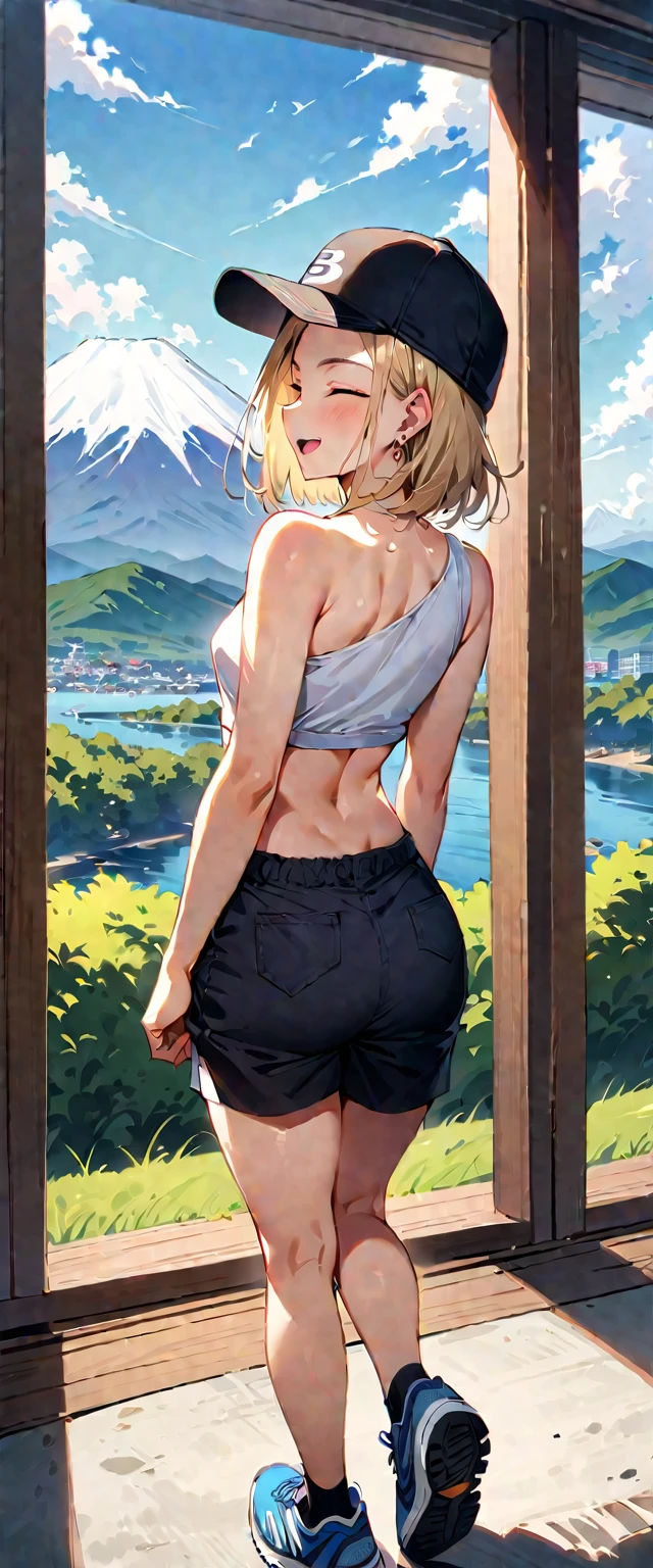 (masterpiece, best quality:1.2), full body shot, solo, Android 18 from Dragon Ball, ((slip-on one-shoulder crop top)), (light gray top:1.2), no jacket, (short sport shorts), small breasts, short blonde hair loose, ((close eyes)), earrings on earlobes, slender feminine figure, narrow waistline, skinny body, (plane black cap), (cap without logo), newbalance shoes, sky, looking at viewer, blush, shot from behind, looking back, back view, walking, Mt.Fuji, outside, natural lighting and shadows, magnificent view, blur background, 4K, open mouth, smile, beautiful butt, summer
