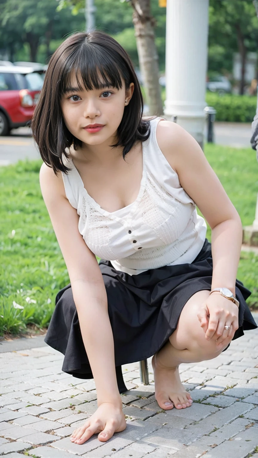 Open shirt, (((Leaning forward))), ((,Round face, Around 17 years old,mini skirt、A loose-fitting tank top)), Long Hair, , Natural Makeup, Lips become thicker, Sexy Gaze, barefoot, ((Raise one leg)), Shooting from below,Gentle expression ,((Extremely precise and accurate anatomy)), (masterpiece:1.43), Perfect proportions, Realistic photos, Full Shot, whole body,