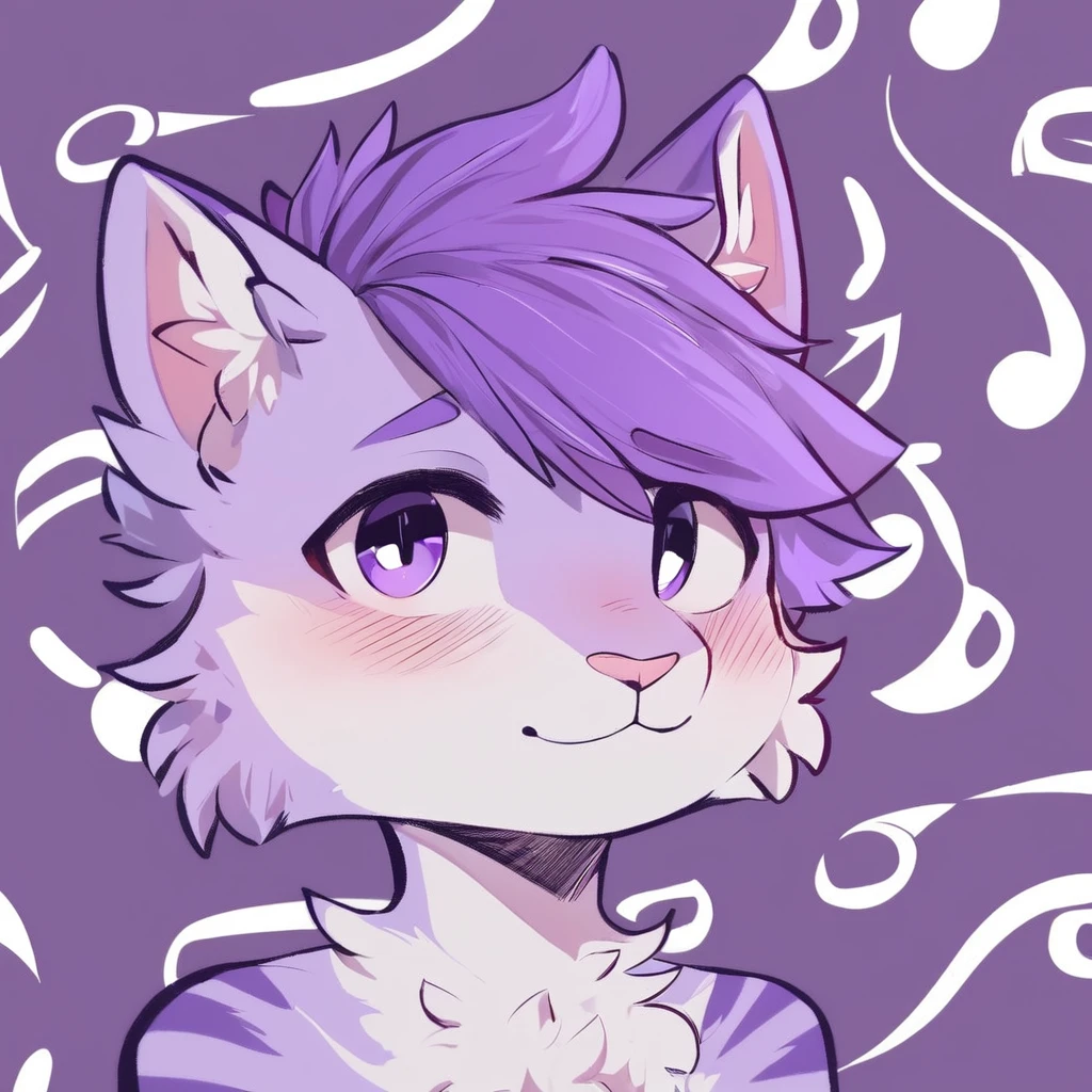 adult, feline, mammal, anthro, anthropomorphic, cat, striped, fur, striped_feline, fur, male, light_purple, purple_hair, fluffy, white, white_chest, shy, small_pupils, digital_art, high_resolution, high_res, hand-drawn, pencil_lines, head_visible, background, neck_visible, seductive_face, detailed_line_work, profile_picture, head_visible, neptune_background, purple_background, cute, white, posing, finger_paws, dream_pose, headshot, head_only