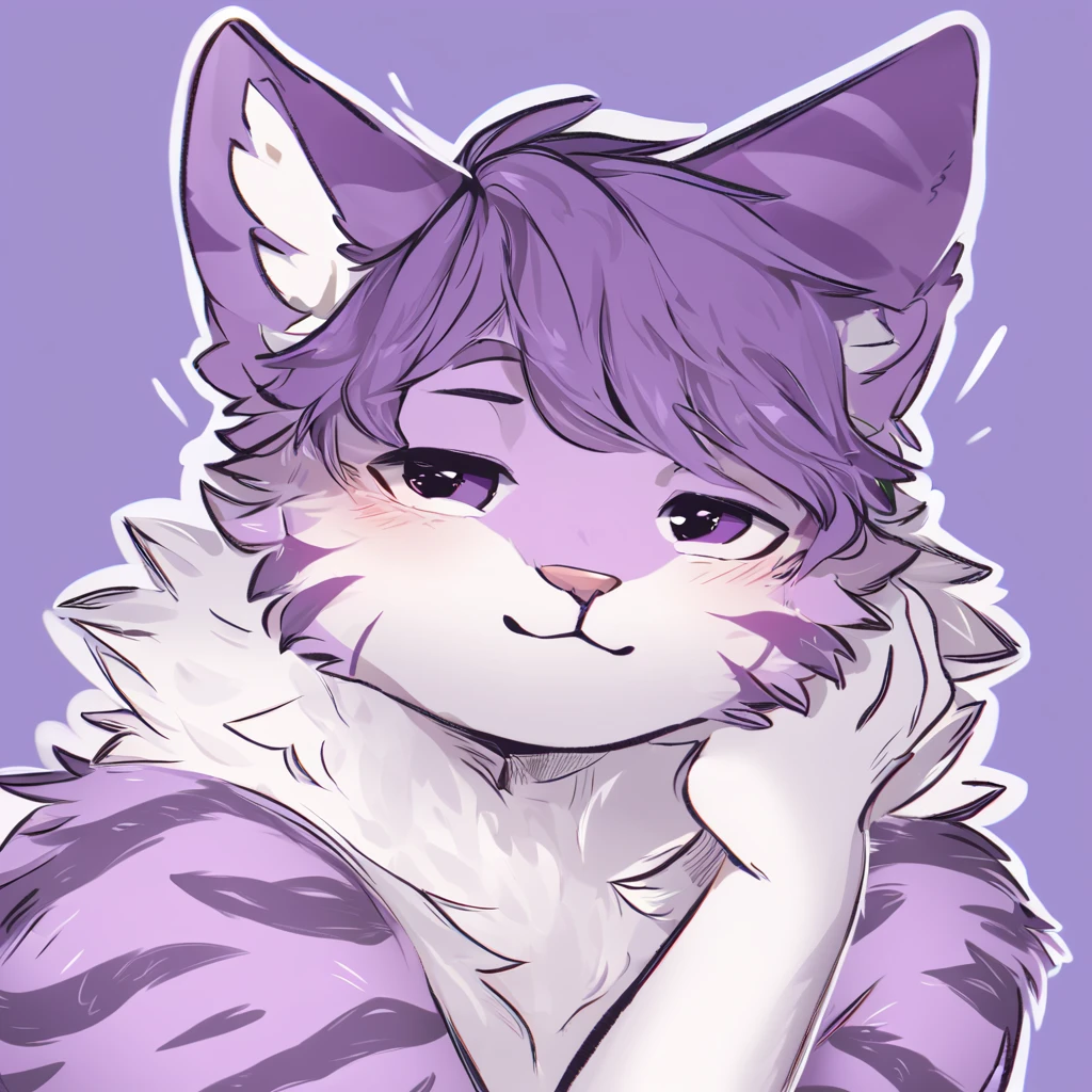 adult, feline, mammal, anthro, anthropomorphic, cat, striped, fur, striped_feline, fur, male, light_purple, purple_hair, fluffy, white, white_chest, shy, small_pupils, digital_art, high_resolution, high_res, hand-drawn, pencil_lines, head_visible, background, neck_visible, seductive_face, detailed_line_work, profile_picture, head_visible, neptune_background, purple_background, cute, white, posing, finger_paws, dream_pose, headshot, head_only