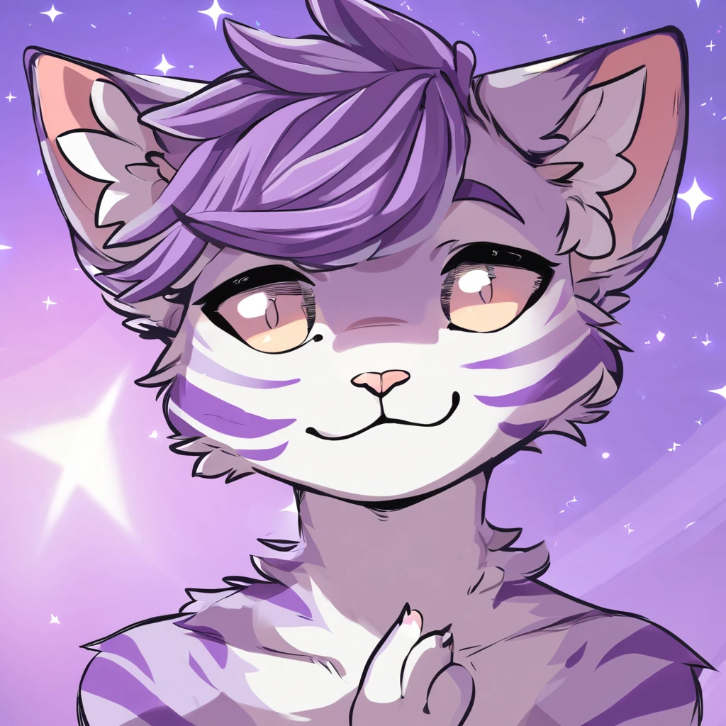 adult, feline, mammal, anthro, anthropomorphic, cat, striped, fur, striped_feline, fur, male, light_purple, purple_hair, fluffy, white, white_chest, shy, small_pupils, digital_art, high_resolution, high_res, hand-drawn, pencil_lines, head_visible, background, neck_visible, seductive_face, detailed_line_work, profile_picture, head_visible, neptune_background, purple_background, cute, white, posing, finger_paws, dream_pose, headshot, head_only