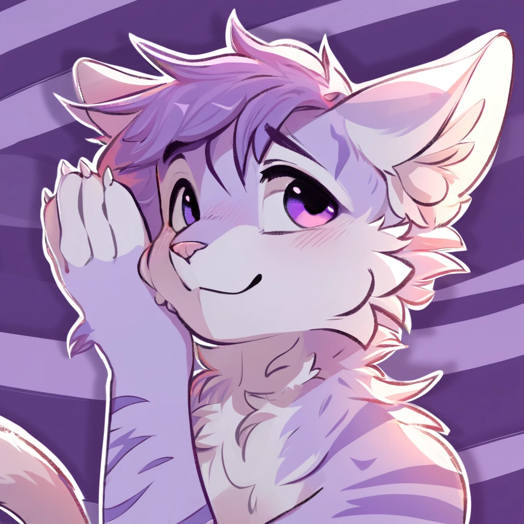 adult, feline, mammal, anthro, anthropomorphic, cat, striped, fur, striped_feline, fur, male, light_purple, purple_hair, fluffy, white, white_chest, shy, small_pupils, digital_art, high_resolution, high_res, hand-drawn, pencil_lines, head_visible, background, neck_visible, seductive_face, detailed_line_work, profile_picture, head_visible, neptune_background, purple_background, cute, white, posing, finger_paws, dream_pose, headshot, head_only