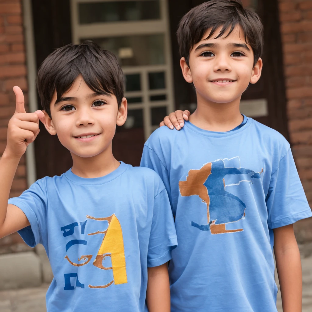 Boy with a Lima university t-shirt pointing up