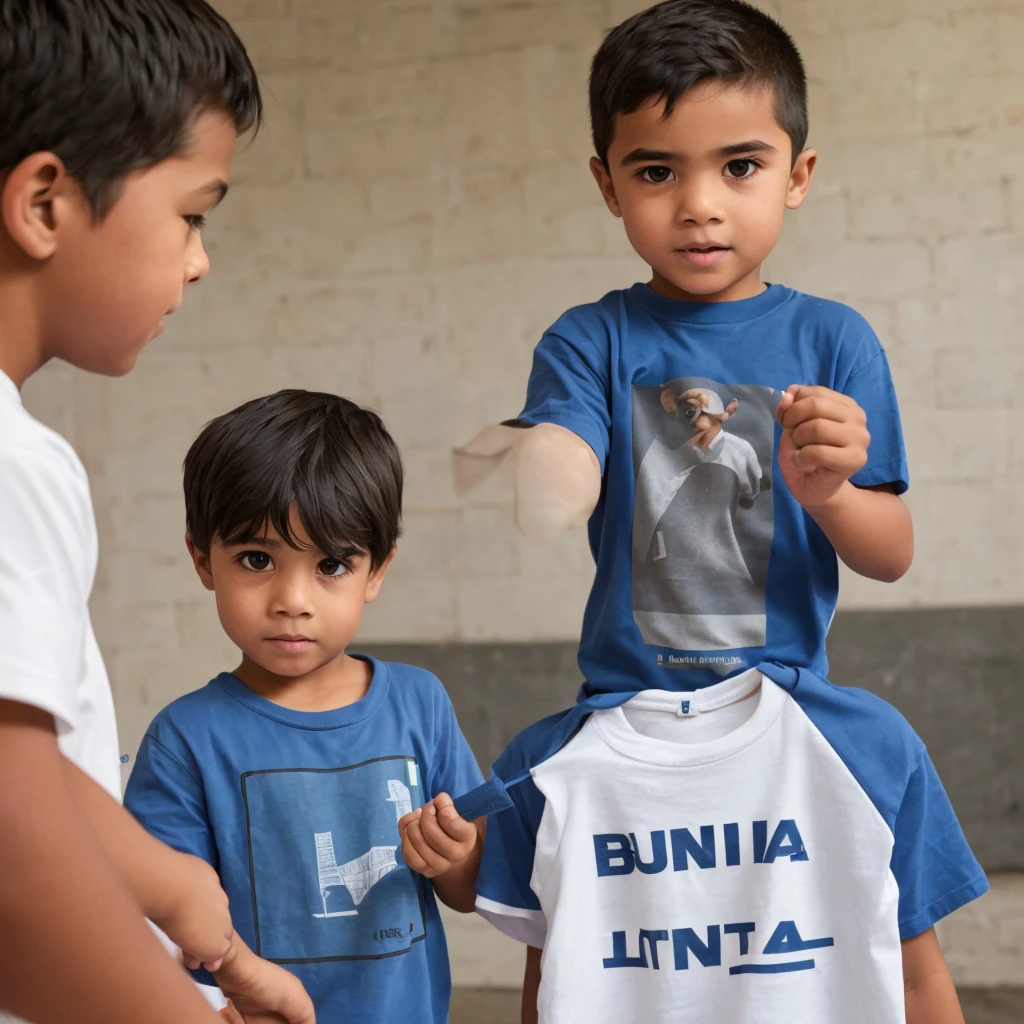 Boy with a Lima university t-shirt pointing up