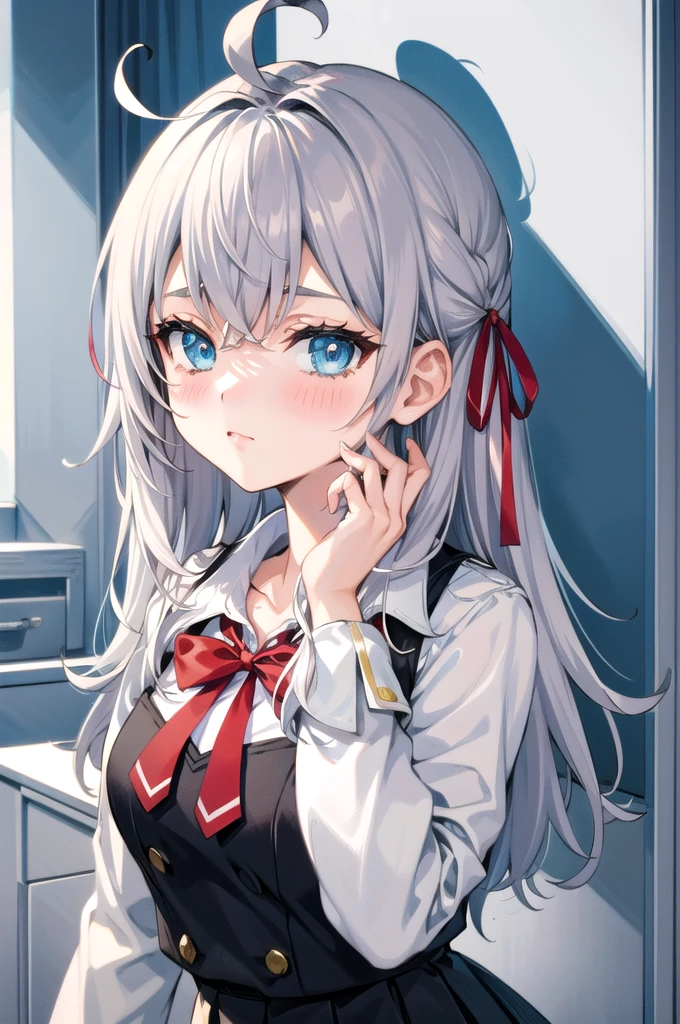 (Best Quality, 8k, High Definition, High Definition, Graphic:2.0), (Solo, One Girl:2.0), (Shot with Flash:1.9), (Brighten Subject:1.8), (Ultimate Beautiful Girl:2.0), (Glossy Skin), (Oily Skin), (Silver Hair Girl:1.5), (Long Hairstyles:1.5) (one aphtha hair on the top of her hair, red braid stop on the right side)(Cool Beauty:2. 0),(blush brown makeup , dark eye makeup , pink gloss lip),(patchy eyes:1.5),(blue eyes),(thin eyes:1.5),(child face),(cute),(sweet scent),(in front of flower shop (photo:1.8),(girl holding a white rose in front of flower shop:1. 3),(she blushes very shyly),chuuChloe,(wearing a school uniform:1.5),(emphasis on cleavage)