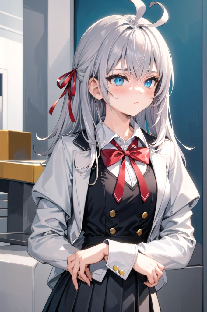 ,One girl,gray hair, ahoge,Long Hair, blue eyes,,white jacket,black vest,white collared shirt,black pleats skirt,white tighs,red bow,hair ribbon,break,pixel art, (retro aesthetics):1.2, nostalgic charm, blocky textures, limited color palette, digital design, 8-bit style