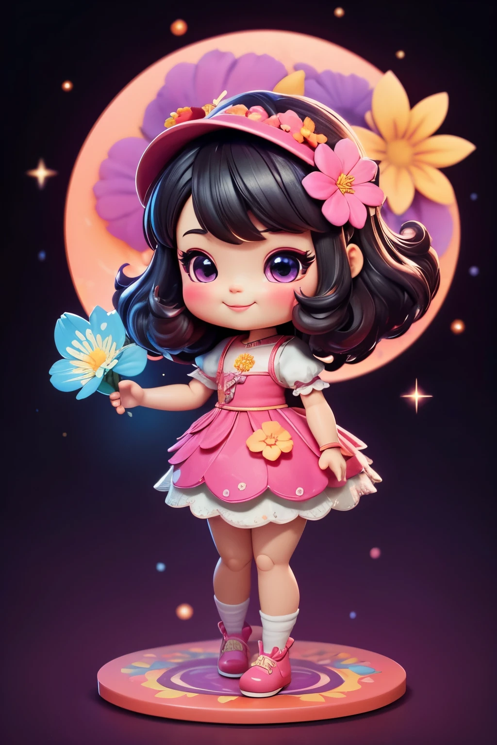 Extremely detailed,(Fractal Art:1.1),(Colorful:1.1)(Flowers:1.3)、 (Dynamic Pose), (Abstract background:1.3)、(Many colors:1.4)、Place one real very detailed doll on a circular stand、kawaii pose、A smile、A dark-haired、Chibi Doll、Stars in the eyes（kirakira）、Eye Up、Laugh、Cute red shoes、Ultra Detail, radiant light、bio luminescent、Stronger bokeh effect、Taken from the side