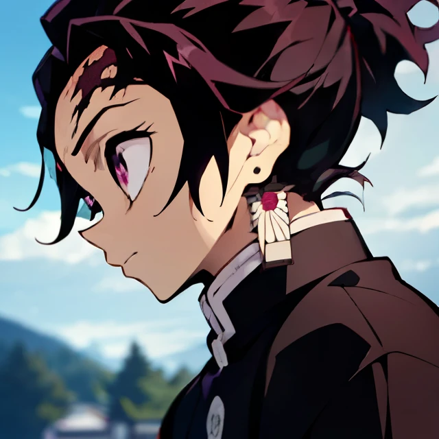 "Hello! I'm seeking an AI that can craft an exceptional profile picture, representing the character Tanjiro Kamado from the series 'Kimetsu no Yaiba'. Tanjiro is a resilient young man, characterized by his black hair and profound eyes, embodying both determination and kindness. I envision the image with a softly blurred background, ensuring Tanjiro stands out prominently in the foreground, maintaining the best possible resolution and quality."