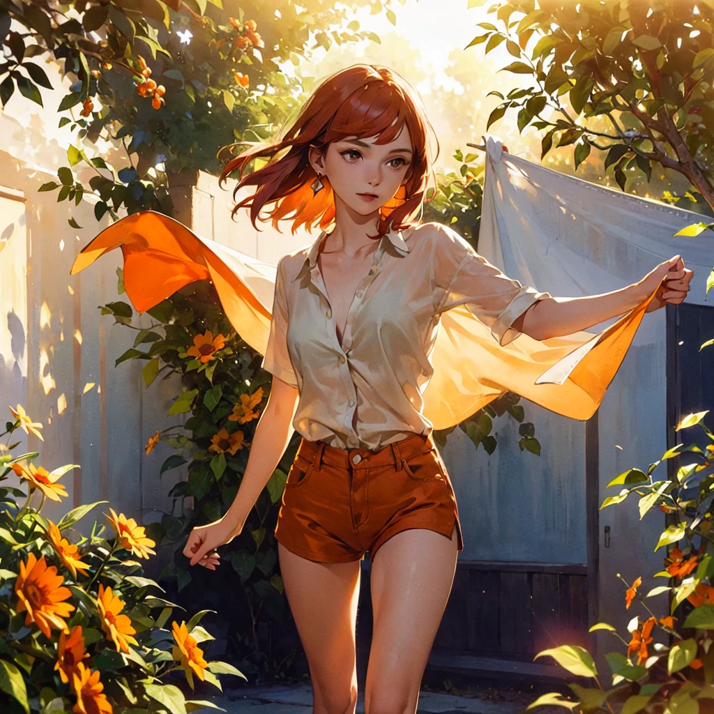 Exquisite, slender, delicate girl of 16 years old with a perfect gentle face of the southern type (with short red hair) with freckles with a ruby earring in the rays of the rising sun, naked with tender breasts with pink nipples (barefoot) (in an unbuttoned open orange shirt over his naked body and short orange shorts) (on the veranda in the garden) Drinks (coffee) and looks at the flowers, in watercolor style, discreet light shades, Flares, imitation of film photography, against the sun, a lot of sun glare, light fills the frame, olive and grape groves, Brick Road, high image quality, Maximum detail, sunset lighting, Warm evening shades, (warm golden and olive sunset light), big space eyes, olive and grape groves, Brick Road