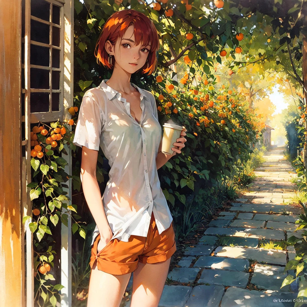 Exquisite, slender, delicate girl  with a perfect gentle face of the southern type (with short red hair) with freckles with a ruby earring in the rays of the rising sun, naked with tender breasts with pink nipples (barefoot) (in an unbuttoned open orange shirt over his naked body and short orange shorts) (on the veranda in the garden) Drinks (coffee) and looks at the flowers, in watercolor style, discreet light shades, Flares, imitation of film photography, against the sun, a lot of sun glare, light fills the frame, olive and grape groves, Brick Road, high image quality, Maximum detail, sunset lighting, Warm evening shades, (warm golden and olive sunset light), big space eyes, olive and grape groves, Brick Road