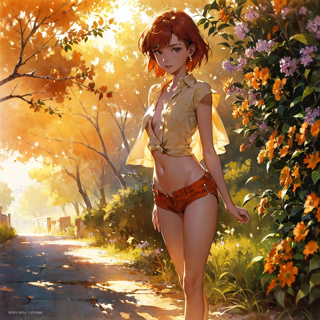 Exquisite, slender, delicate girl of with a perfect gentle face of the southern type (with short red hair) with freckles with a ruby earring in the rays of the rising sun, naked with tender breasts with pink nipples (barefoot) (in an unbuttoned open orange shirt over his naked body and short orange shorts) (on the veranda in the garden) Drinks (coffee) and looks at the flowers, in watercolor style, discreet light shades, Flares, imitation of film photography, against the sun, a lot of sun glare, light fills the frame, olive and grape groves, Brick Road, high image quality, Maximum detail, sunset lighting, Warm evening shades, (warm golden and olive sunset light), big space eyes, olive and grape groves, Brick Road