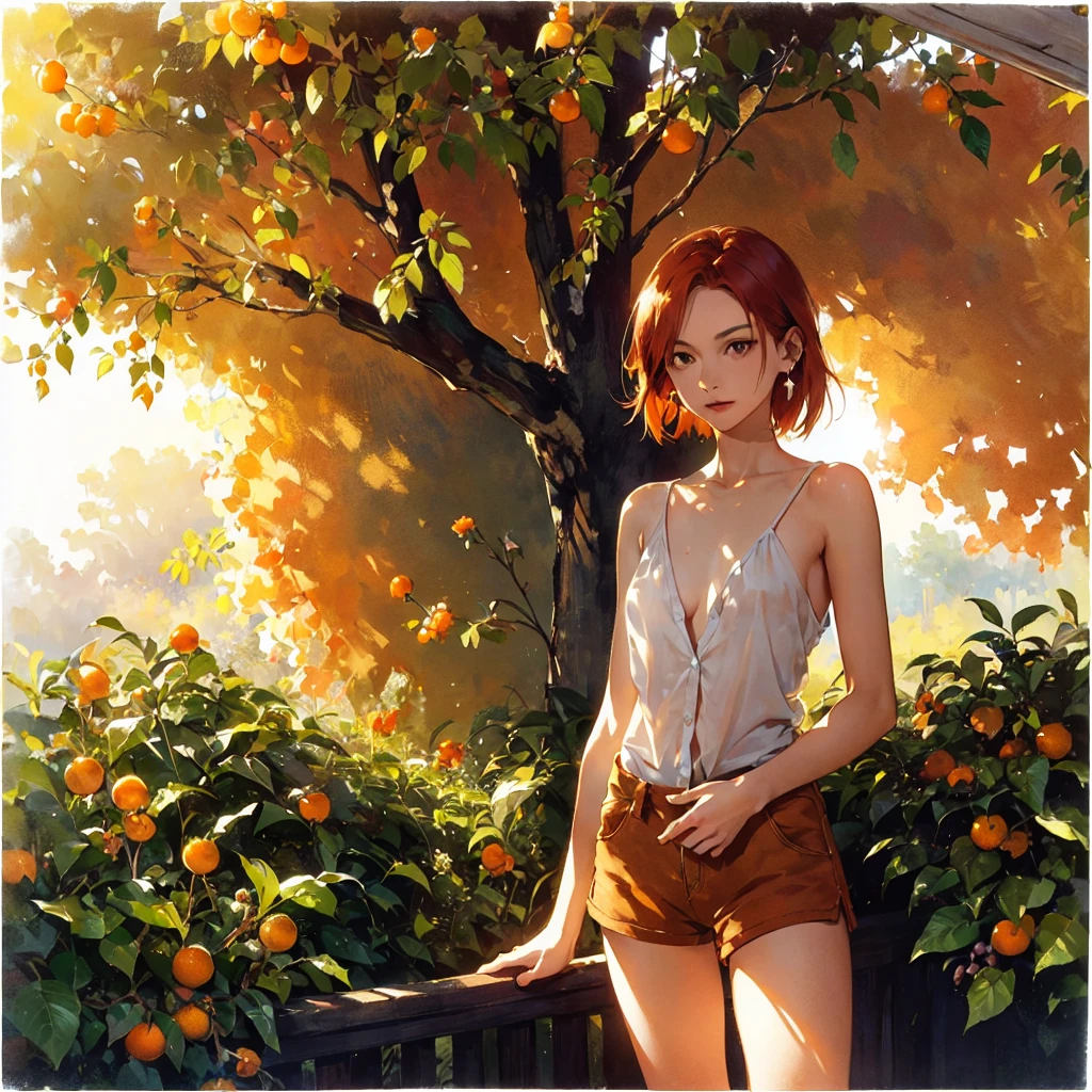 Exquisite, slender, delicate girl of 16 years old with a perfect gentle face of the southern type (with short red hair) with freckles with a ruby earring in the rays of the rising sun, naked with tender breasts with pink nipples (barefoot) (in an unbuttoned open orange shirt over his naked body and short orange shorts) (on the veranda in the garden) Drinks (coffee) and looks at the flowers, in watercolor style, discreet light shades, Flares, imitation of film photography, against the sun, a lot of sun glare, light fills the frame, olive and grape groves, Brick Road, high image quality, Maximum detail, sunset lighting, Warm evening shades, (warm golden and olive sunset light), big space eyes, olive and grape groves, Brick Road