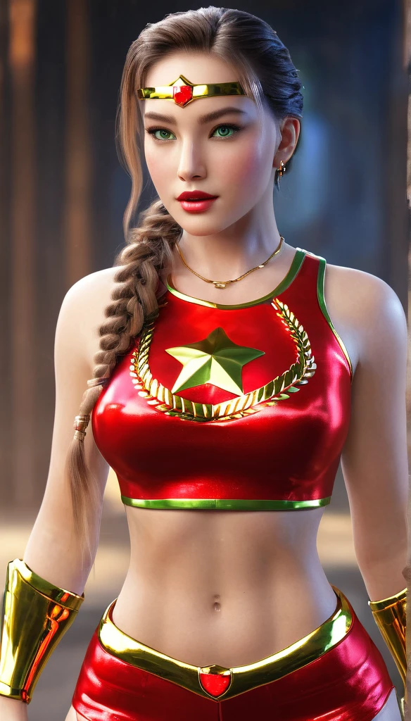 (best quality,4k,8k,highres,masterpiece:1.2),ultra-detailed,(realistic,photorealistic,photo-realistic:1.37),,superhero,sexy ,( beautiful female superheroine ,braided ponytail , red sleeveless crop shirt, with a golden Star, midriff wears (a golden tiara with a red gem on forehead) , golden bracelets, long red boots, and small red shorts) (Venus Star) (tiara) (green eyes) UHD (seductive look) (in battle)