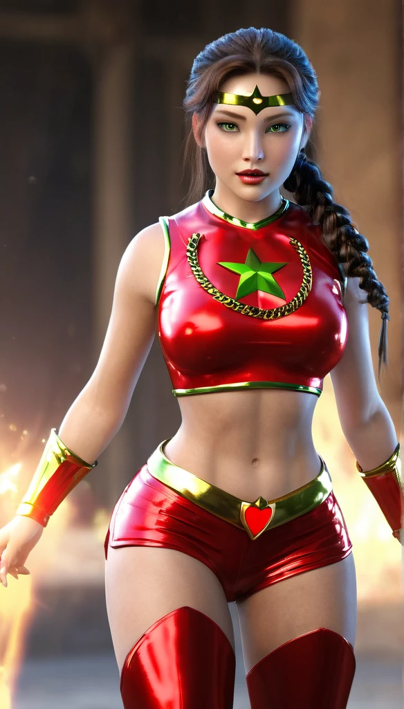 (best quality,4k,8k,highres,masterpiece:1.2),ultra-detailed,(realistic,photorealistic,photo-realistic:1.37),,superhero,sexy ,( beautiful female superheroine ,braided ponytail , red sleeveless crop shirt, with a golden Star, midriff wears (a golden tiara with a red gem on forehead) , golden bracelets, long red boots, and small red shorts) (Venus Star) (tiara) (green eyes) UHD (seductive look) (in battle)