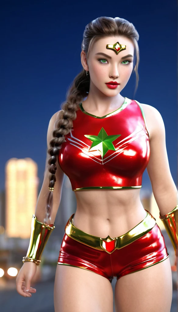 (best quality,4k,8k,highres,masterpiece:1.2),ultra-detailed,(realistic,photorealistic,photo-realistic:1.37),,superhero,sexy ,( beautiful female superheroine ,braided ponytail , red sleeveless crop shirt, with a golden Star, midriff wears (a golden tiara with a red gem on forehead) , golden bracelets, long red boots, and small red shorts) (Venus Star) (tiara) (green eyes) UHD (seductive look) (in battle)