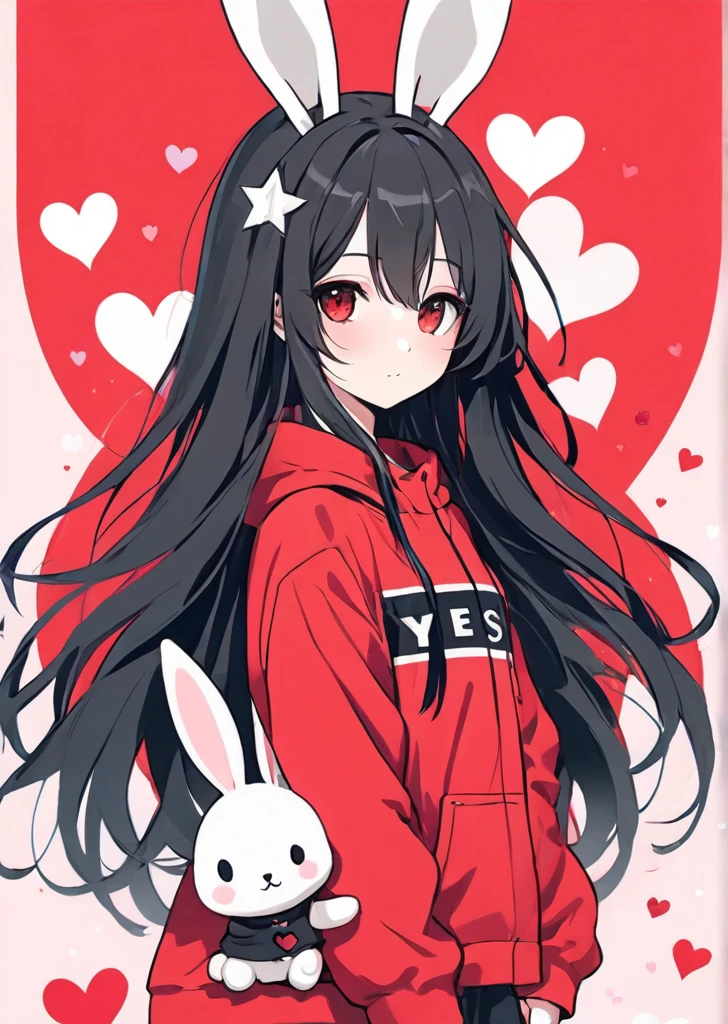 Black Star Red and White style, Simple Line Initialism，Abstract art，Urban Background, colorful hearts ,(((The most beautiful girl of all time))), On a bright red campus"YES"Character、beautiful illustration, best quality, cute girl, bedroom, pastel color, fluffy bunny ears, , silver long hair,