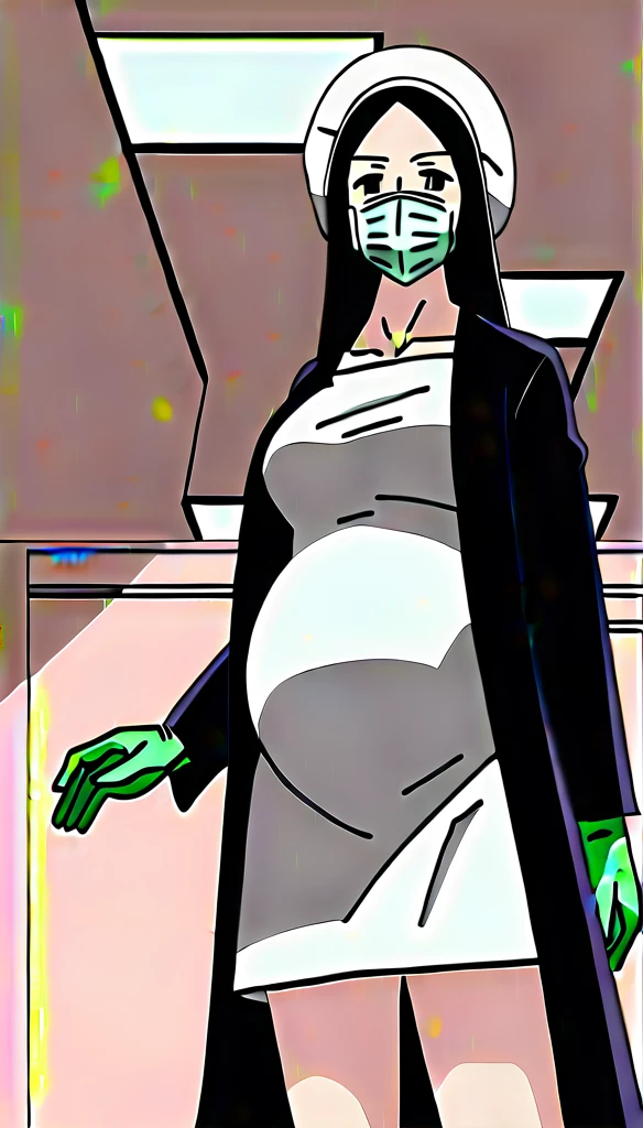score_9, score_8_up, score_7_up, source_anime, raw image, masterpiece, highest quality, kasuganoray, pale skin, her eyes are happy, long black hair, big breasts, scrubs, surgical mask, bouffant cap, long sleeve maternity dress, put on another long sleeved coat, seamless, navel head, the dress isn't wrinkled, long white stockings,
1girl, pregnant, solo, long rubber gloves, looking down, furrowed brow, hospital bed, light shines from the ceiling, standing, patient room background,