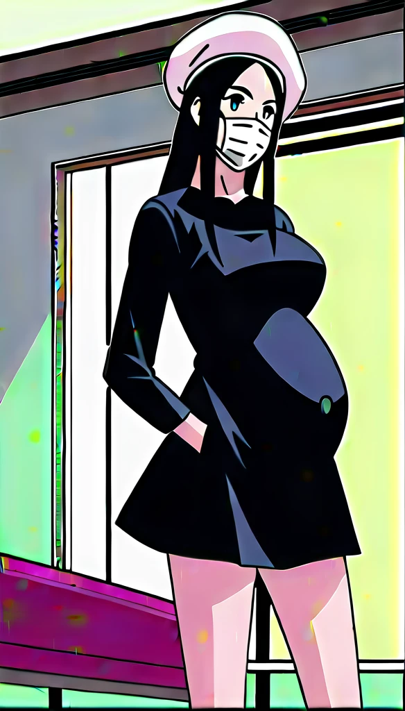 score_9,  score_8_up, score_7_up, source_anime, raw image, masterpiece, highest quality, kasuganoray, pale skin, her eyes are happy, long black hair, big breasts, scrubs, surgical mask, bouffant cap, long sleeve maternity dress, put on another long sleeved coat, seamless, navel head, the dress isn't wrinkled, long white stockings,
1girl, pregnant, solo, long rubber gloves, looking down, furrowed brow, hospital bed, light shines from the ceiling, standing, patient room background, 