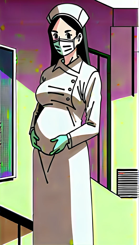 score_9,  score_8_up, score_7_up, source_anime, raw image, masterpiece, highest quality, kasuganoray, pale skin, her eyes are happy, long black hair, big breasts, scrubs, surgical mask, bouffant cap, long sleeve maternity dress, put on another long sleeved coat, seamless, navel head, the dress isn't wrinkled, long white stockings,
1girl, pregnant, solo, long rubber gloves, looking down, furrowed brow, hospital bed, light shines from the ceiling, standing, patient room background, 