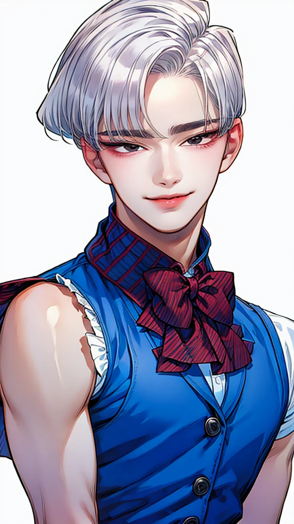 (masterpiece, top quality, best quality, official art, enchanting and aesthetic:1.2), (1 boy), smile face, male, guy, face focus, anime, teen guy, young man , white hair, red eyes, a strong jawline, wearing a blue plaid vest under a white shirt. He is posing with his arms crossed. The background is a white color.The drawing style follows the art manhwa style.extremely detailed accessory, pale skintone (realistic art:1.3),highest detail, kenouji, Teen, boy, young man, male, short hair, close-up face, perfect face, extremely clean details,,clean details 