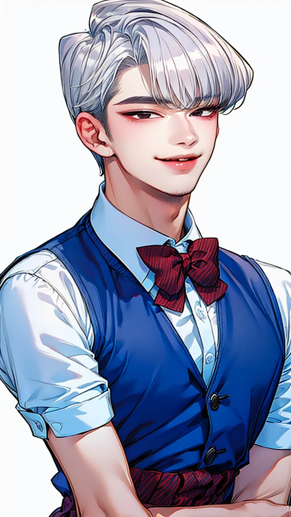 (masterpiece, top quality, best quality, official art, enchanting and aesthetic:1.2), (1 boy), smile face, male, guy, face focus, anime, teen guy, young man , white hair, red eyes, a strong jawline, wearing a blue plaid vest under a white shirt. He is posing with his arms crossed. The background is a white color.The drawing style follows the art manhwa style.extremely detailed accessory, pale skintone (realistic art:1.3),highest detail, kenouji, Teen, boy, young man, male, short hair, close-up face, perfect face, extremely clean details,,clean details