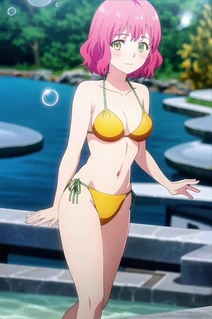 ((best quality)),((highly detailed)),masterpiece,absurdres,detailed face,beautiful face,(detailed eyes, deep eyes),1girl,((dynamic pose)) , Aries, heterochromia, swimsuit, bikini, pink hair, solo, short hair, breasts, yellow bikini, green eyes, blurry, yellow eyes, looking at viewer, outdoors, medium breasts, cowboy shot, blurry background, smile, bubble, waving, collarbone, halterneck, standing, water, bangs, depth of field, closed mouth, day, cleavage, large breasts, blush, hand up, bare shoulders, 