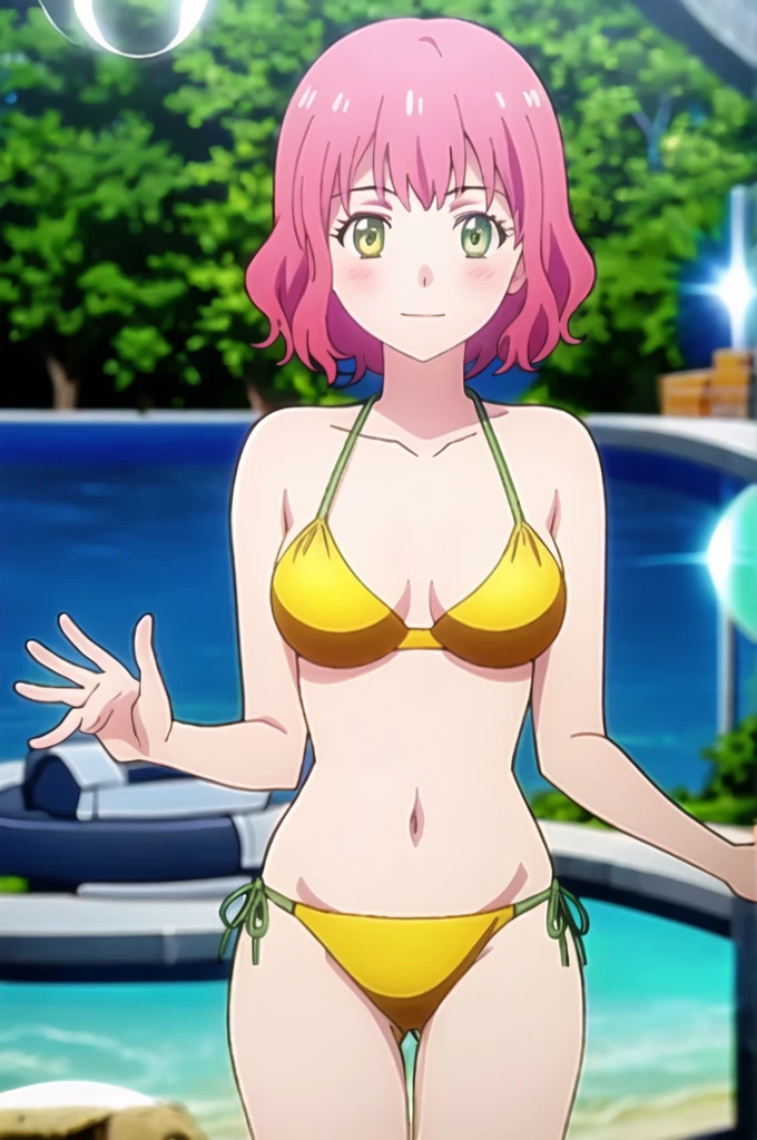 ((best quality)),((highly detailed)),masterpiece,absurdres,detailed face,beautiful face,(detailed eyes, deep eyes),1girl,((dynamic pose)) , Aries, heterochromia, swimsuit, bikini, pink hair, solo, short hair, breasts, yellow bikini, green eyes, blurry, yellow eyes, looking at viewer, outdoors, medium breasts, cowboy shot, blurry background, smile, bubble, waving, collarbone, halterneck, standing, water, bangs, depth of field, closed mouth, day, cleavage, large breasts, blush, hand up, bare shoulders,