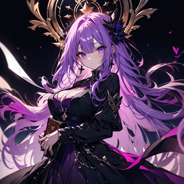 1 girl、Mature、Ample breasts、Long Hair、Purple Hair、Black Dress、Long sleeve、Dress with open chest、Dress with a cross、Fur coat、Long coat、Emerald green earrings、cross tattoo on forehead、Have a thick book、Wine Red Book、Starry Sky、Alluring、Night view、Like a jewel、Cinema Lighting、High resolution、Highest quality
