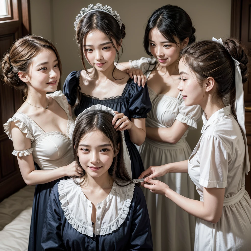 Two girls help the maid and the maid comb their hair. The noble woman smiles happily, the maid cousin maid does everything with love and devotion, the maid takes care of the boss with great pleasure,