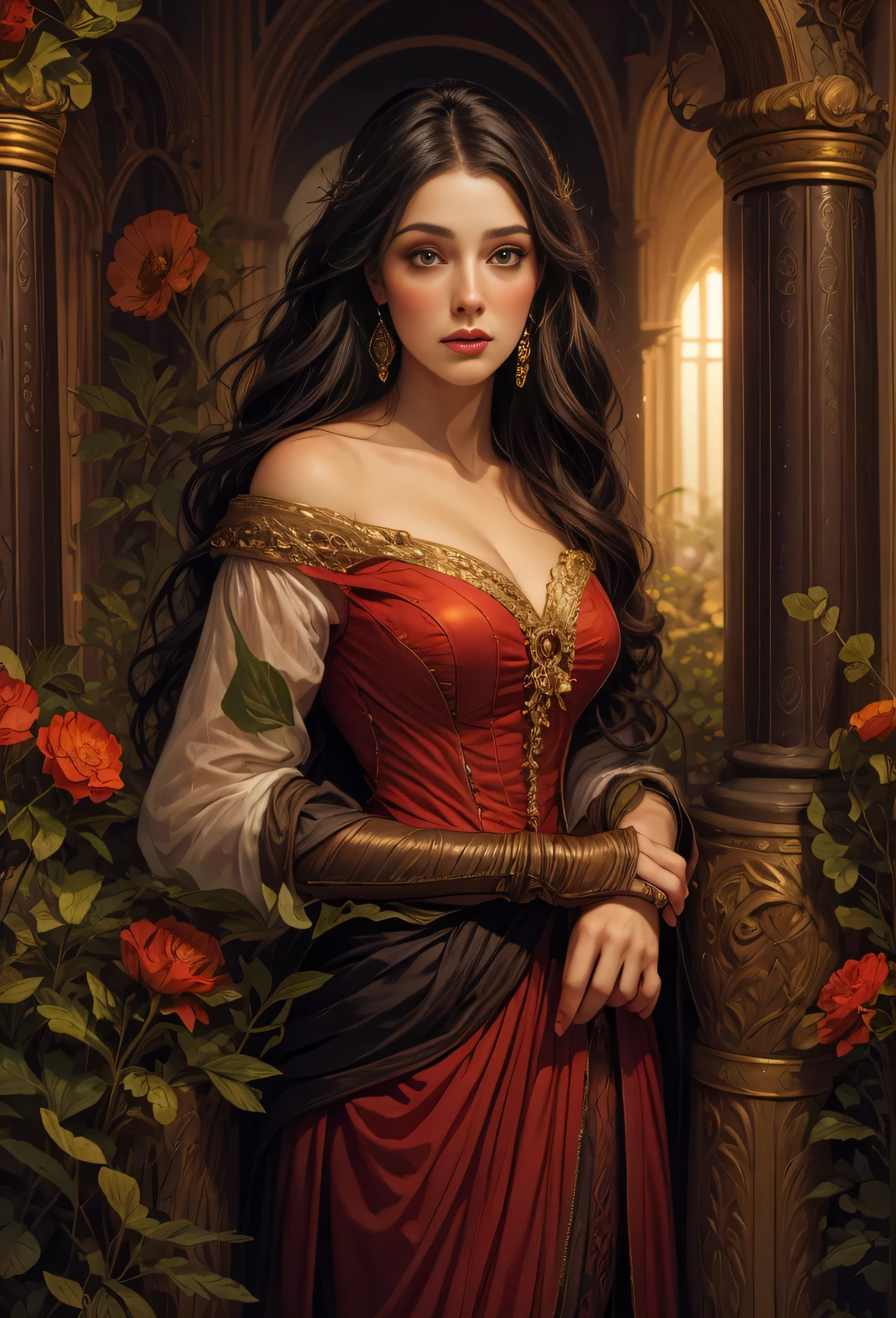 a close-up of a woman in a red dress standing in a garden, inspirado em magali villeneuve, inspired by Edmund Leighton, magali villeneuve&#39;, work of art! portrait of arwen, renaissance digital painting, romance novel cover, artista gráfica magali villeneuve, fantasy genre portrait, artistic style tom bagshaw, lady in red armor