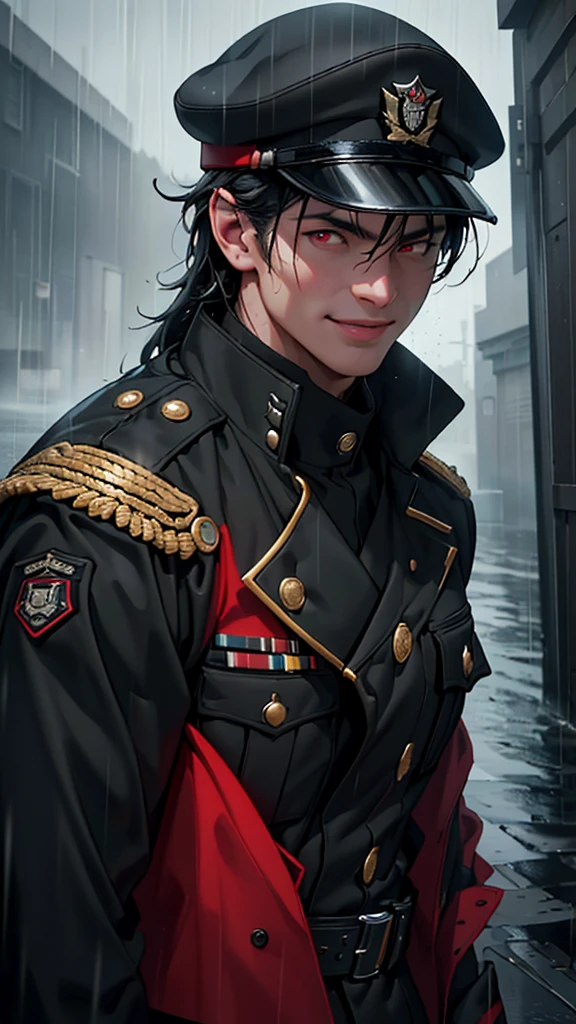 a young man in a black military uniform, black hair, red eyes, smiling, half of his face hidden by a hat, in the rain, getting wet, (best quality,4k,8k,highres,masterpiece:1.2),ultra-detailed,(realistic,photorealistic,photo-realistic:1.37),portrait,dramatic lighting,moody atmosphere,cinematic,vivid colors,striking contrast